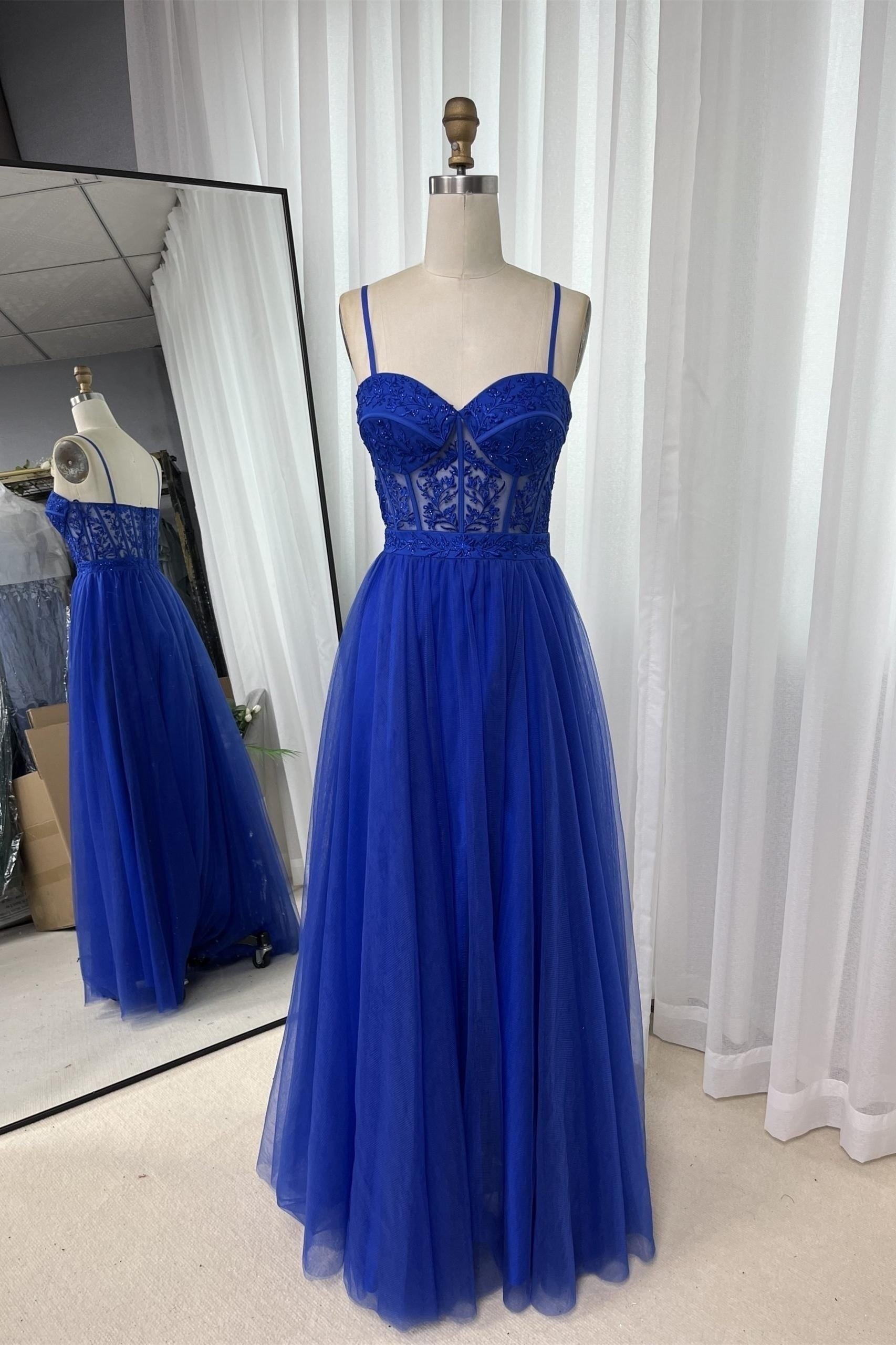 Royal Blue Straps Appliques A-line Tulle Long Prom Dress Lavender / US 14 Royal Blue Straps Appliques A-line Tulle Long Prom Dress Lavender / US 14
