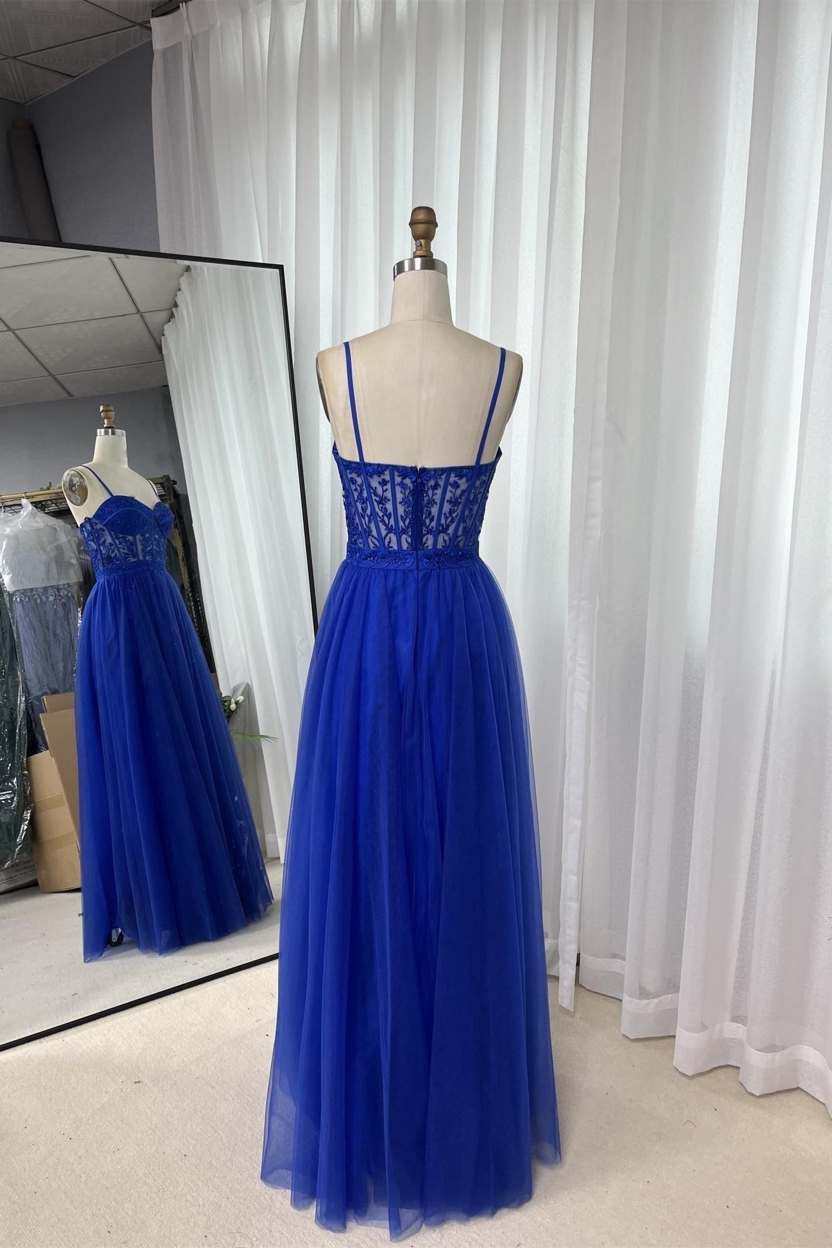 Royal Blue Straps Appliques A-line Tulle Long Prom Dress