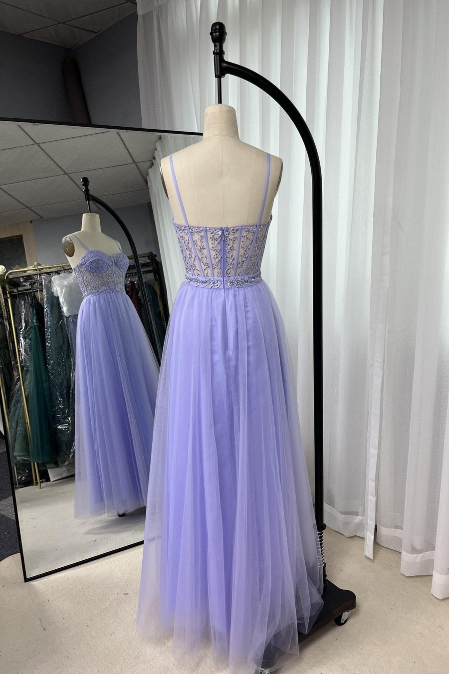Lavender Straps Appliques A-line Tulle Long Prom Dress