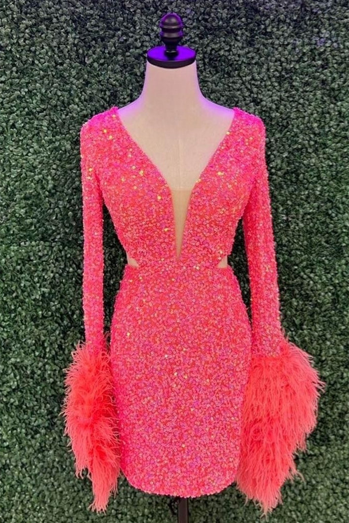 Hot Pink Deep V Long Sleeves Sequins Homecoming Dress with Feathers