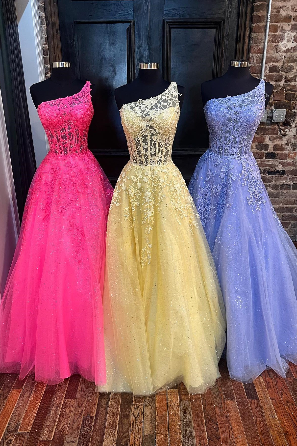 Fuchsia & Periwinkle & Light Yellow One Shoulder Floral Aline Long Prom Dress