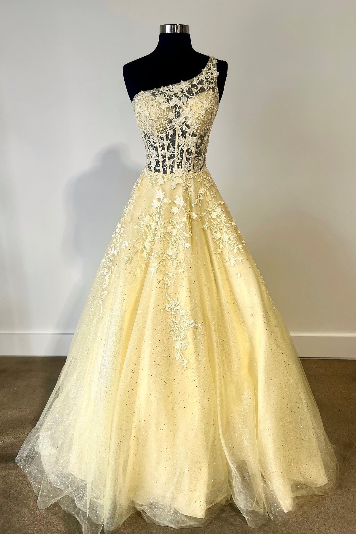 Light Yellow One Shoulder Floral Aline Long Prom Dress Light Yellow / US 14