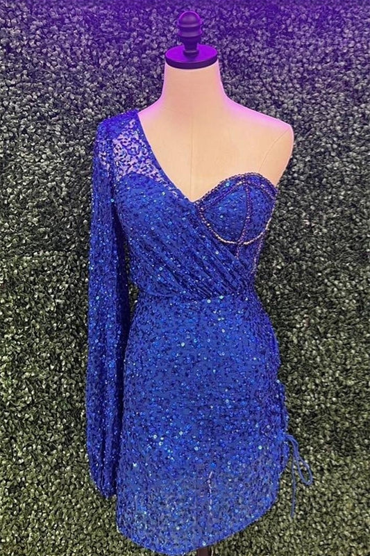 Bling Sheath One Shoulder Royal Blue Sequins Short Homecoming Dress with Keyhole