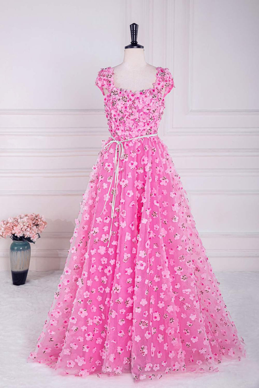 Pink 3D Floral A-line Cap Sleeves Long Prom Dress with Sash