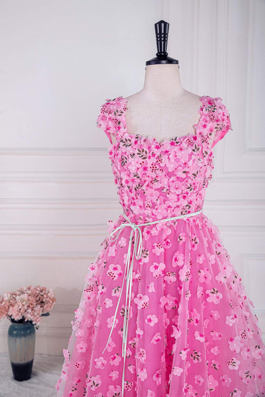 Pink 3D Floral A-line Cap Sleeves Long Prom Dress with Sash