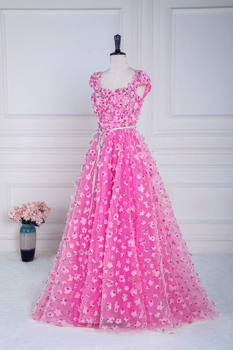 Pink 3D Floral A-line Cap Sleeves Long Prom Dress with Slit | Joyofdress Pink 3D Floral A-line Cap Sleeves Long Prom Dress with Slit | Joyofdress