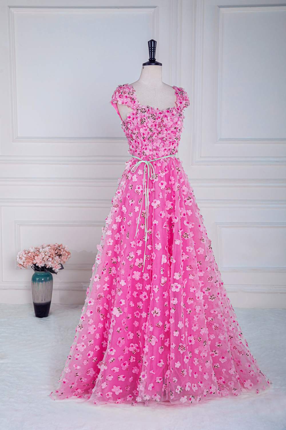 Pink 3D Floral A-line Cap Sleeves Long Prom Dress with Slit Pink / US 6