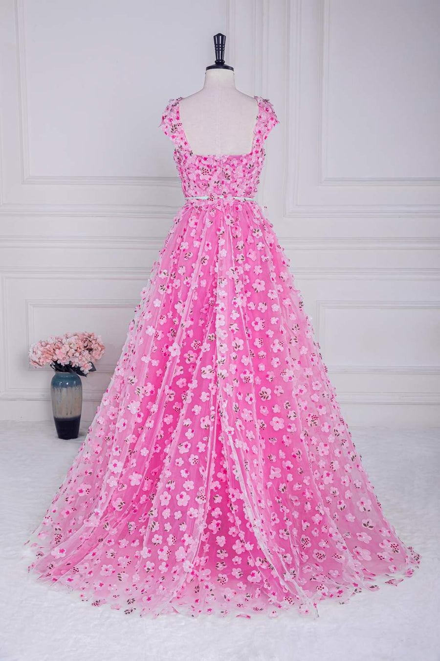 Pink 3D Floral A-line Cap Sleeves Long Prom Dress with Slit Pink / US 6