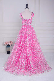 Pink 3D Floral A-line Cap Sleeves Long Prom Dress with Sash