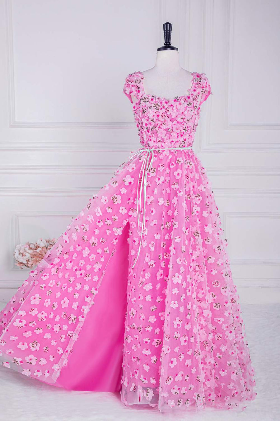 Pink 3D Floral A-line Cap Sleeves Long Prom Dress with Sash