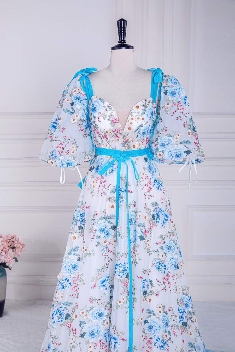 Blue and White Bow Tie Straps Puff Sleeves Long Prom Dress with Slit Blue and White / US 4 Blue and White Bow Tie Straps Puff Sleeves Long Prom Dress with Slit Blue and White / US 4