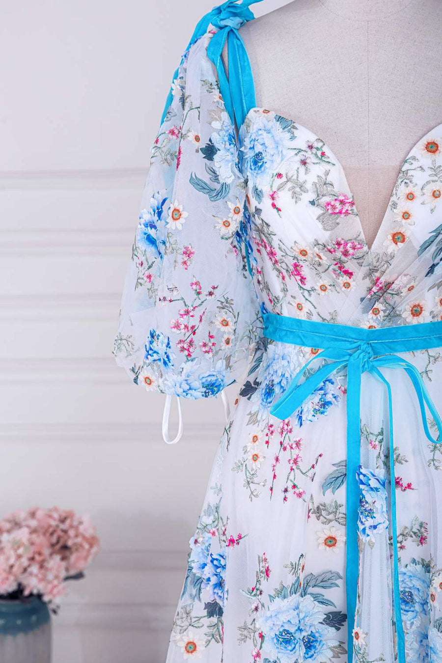 Blue and White Bow Tie Straps Puff Sleeves Long Prom Dress with Slit Blue and White / US 4 Blue and White Bow Tie Straps Puff Sleeves Long Prom Dress with Slit Blue and White / US 4