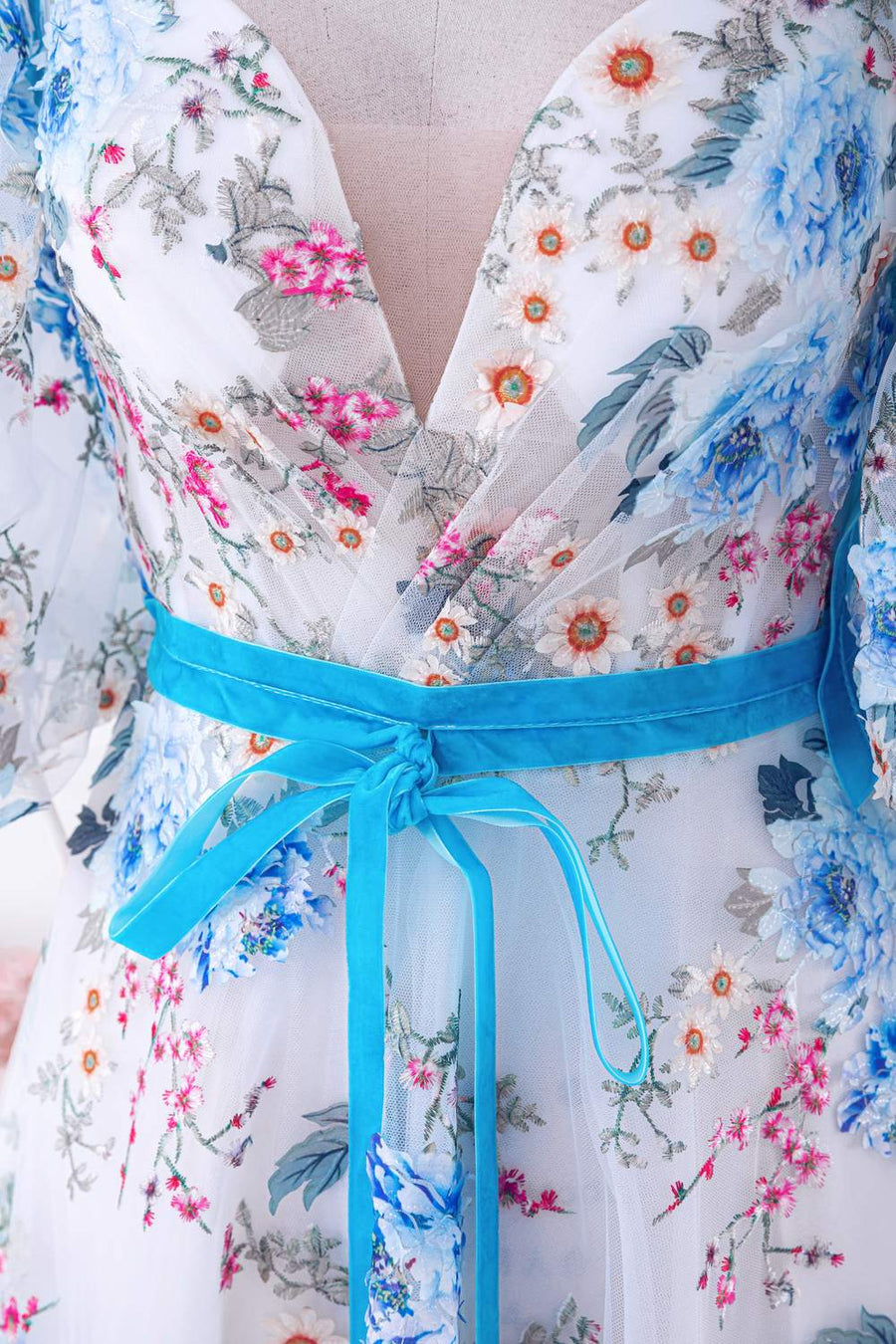 Blue and White Bow Tie Straps Puff Sleeves Long Prom Dress with Slit Blue and White / US 4 Blue and White Bow Tie Straps Puff Sleeves Long Prom Dress with Slit Blue and White / US 4