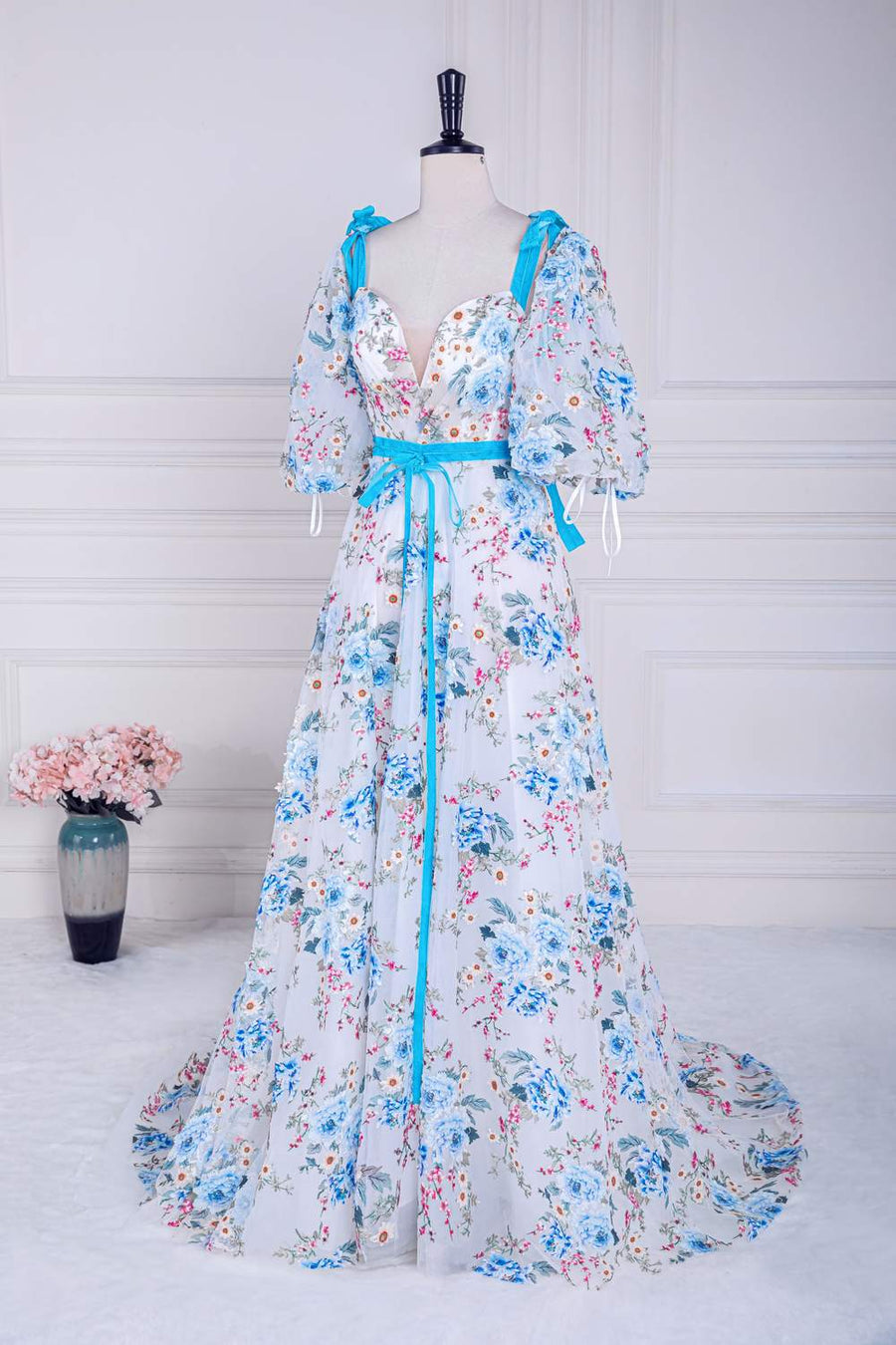 Blue and White Bow Tie Straps Puff Sleeves Long Prom Dress with Slit