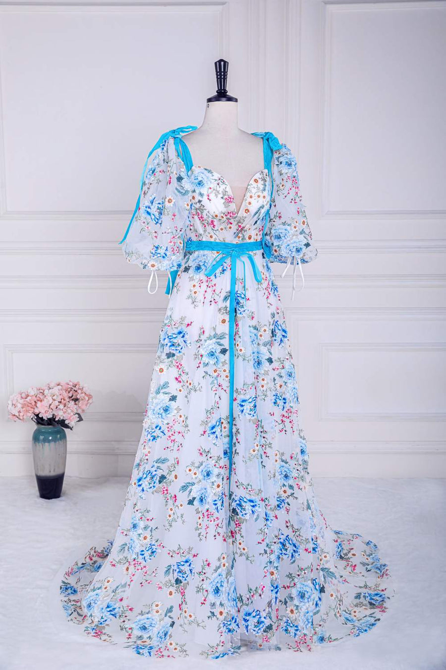 Blue and White Bow Tie Straps Puff Sleeves Long Prom Dress with Slit