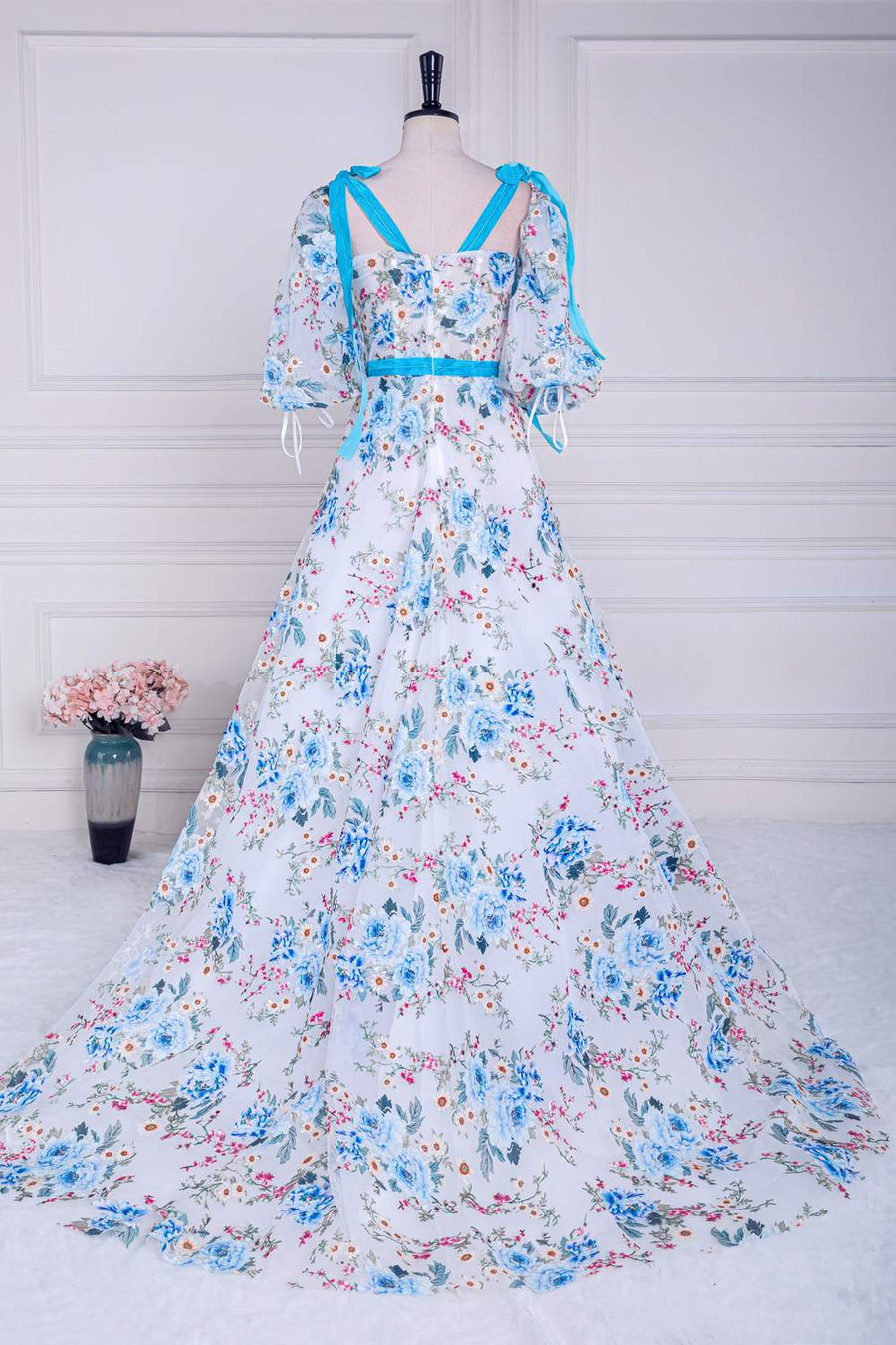 Blue and White Bow Tie Straps Puff Sleeves Long Prom Dress with Slit