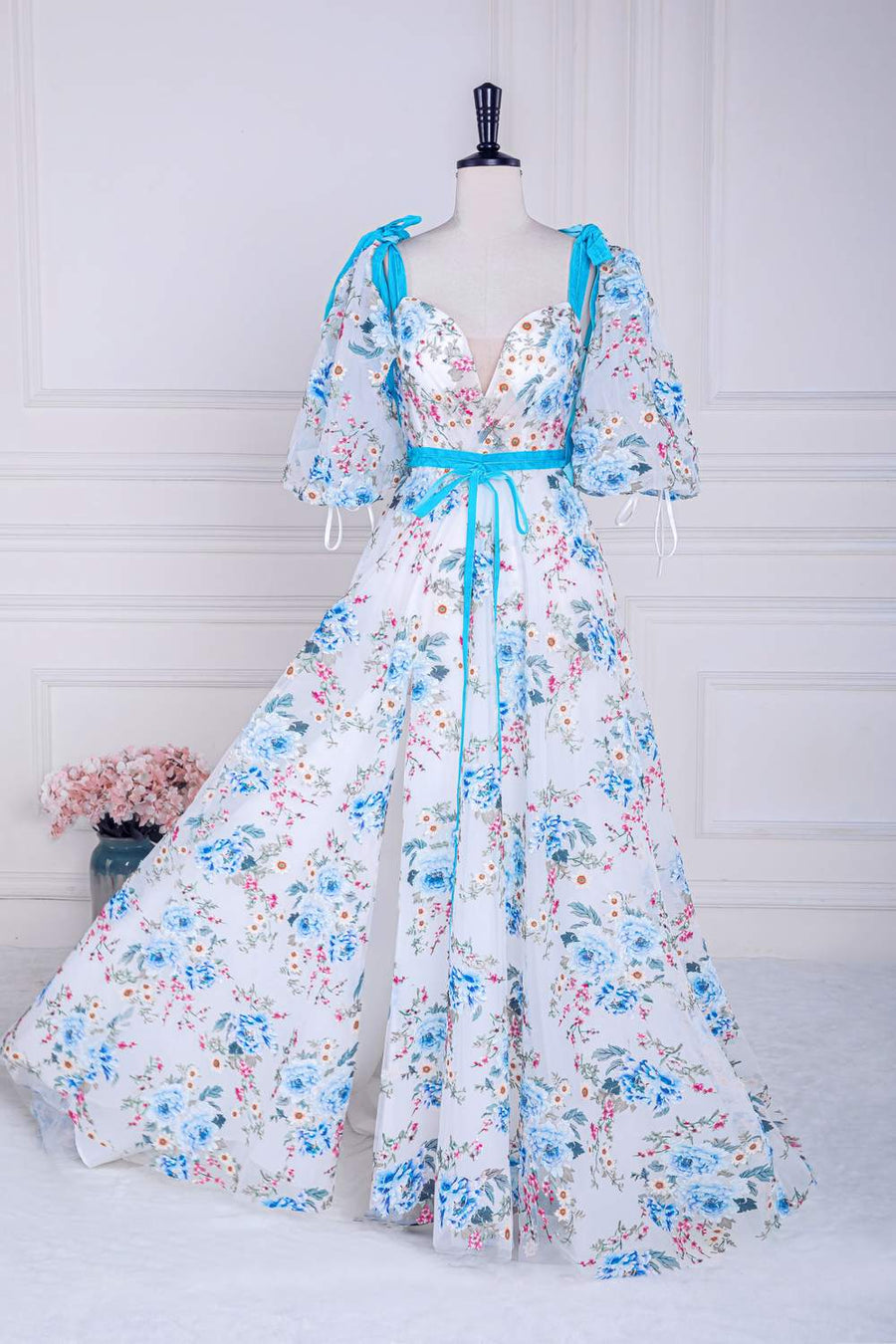 Blue and White Bow Tie Straps Puff Sleeves Long Prom Dress with Slit