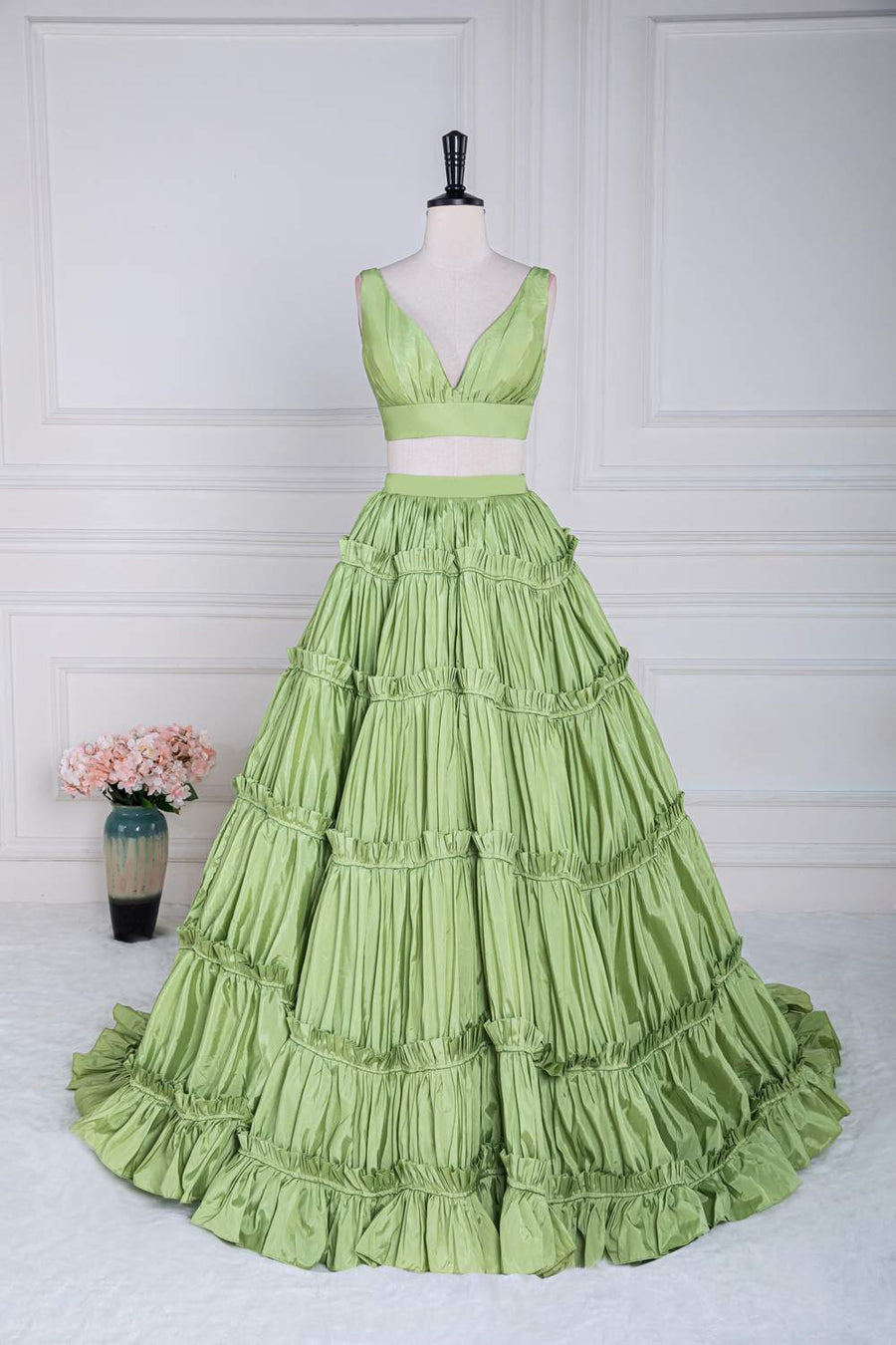 Green Plunging V Two-Piece Ruffle Layers A-Line Long Prom Dress Green / US 10 Green Plunging V Two-Piece Ruffle Layers A-Line Long Prom Dress Green / US 10