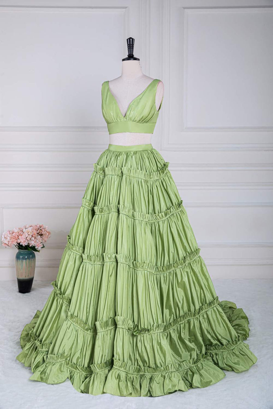 Green Plunging V Two-Piece Ruffle Layers A-line Long Prom Dress