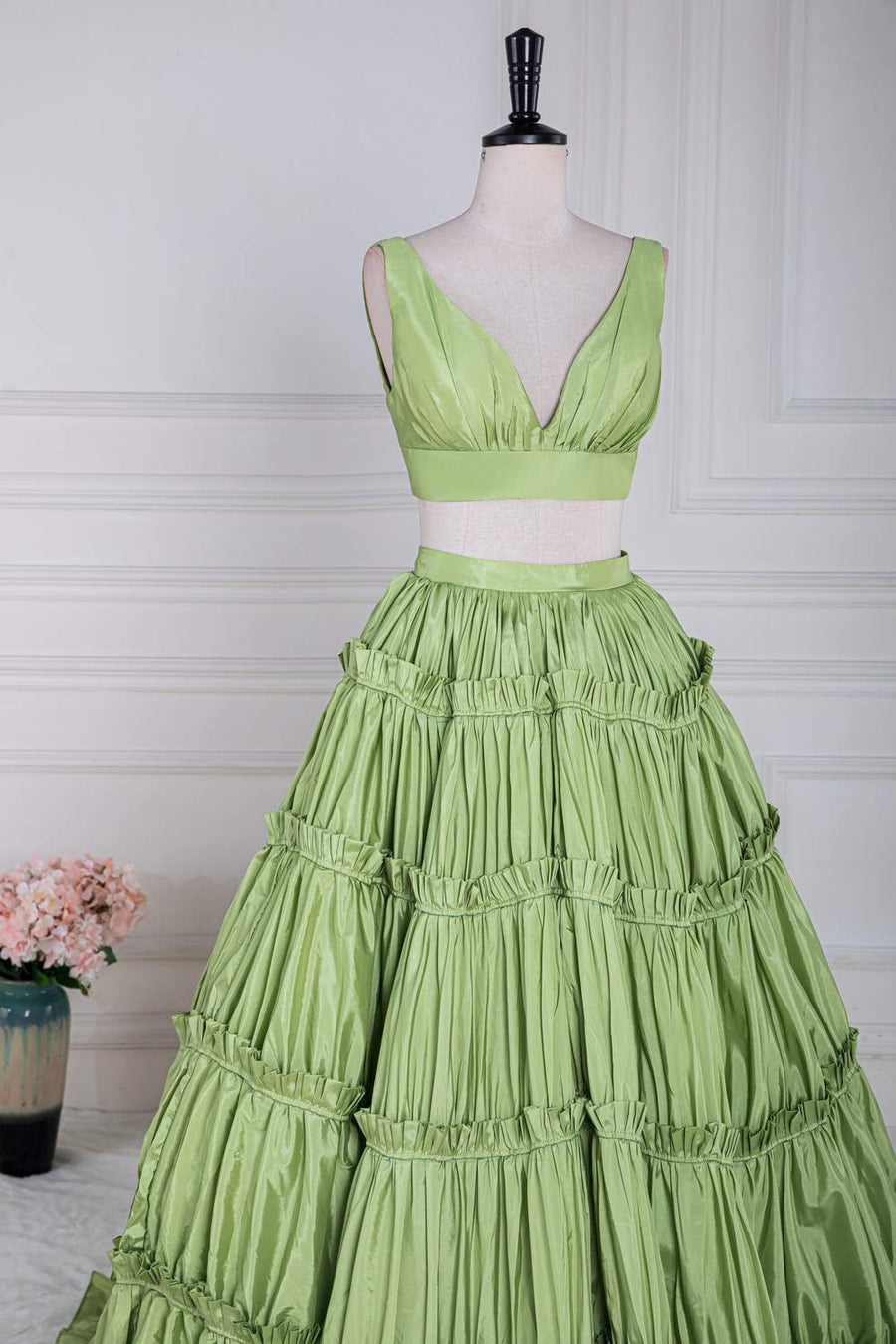 Green Plunging V Two-Piece Ruffle Layers A-line Long Prom Dress Custom Color / US 10 Green Plunging V Two-Piece Ruffle Layers A-line Long Prom Dress Custom Color / US 10