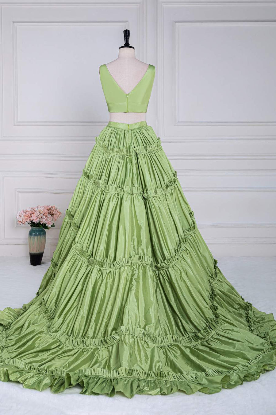 Green Plunging V Two-Piece Ruffle Layers A-line Long Prom Dress