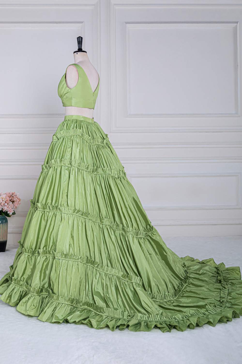 Green Plunging V Two-Piece Ruffle Layers A-line Long Prom Dress Green / US 10 Green Plunging V Two-Piece Ruffle Layers A-line Long Prom Dress Green / US 10