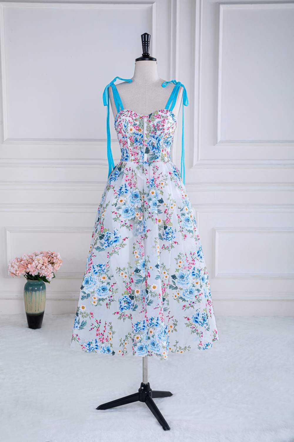 Blue and White Bow Tie Straps Floral Tea-Length Prom Dress