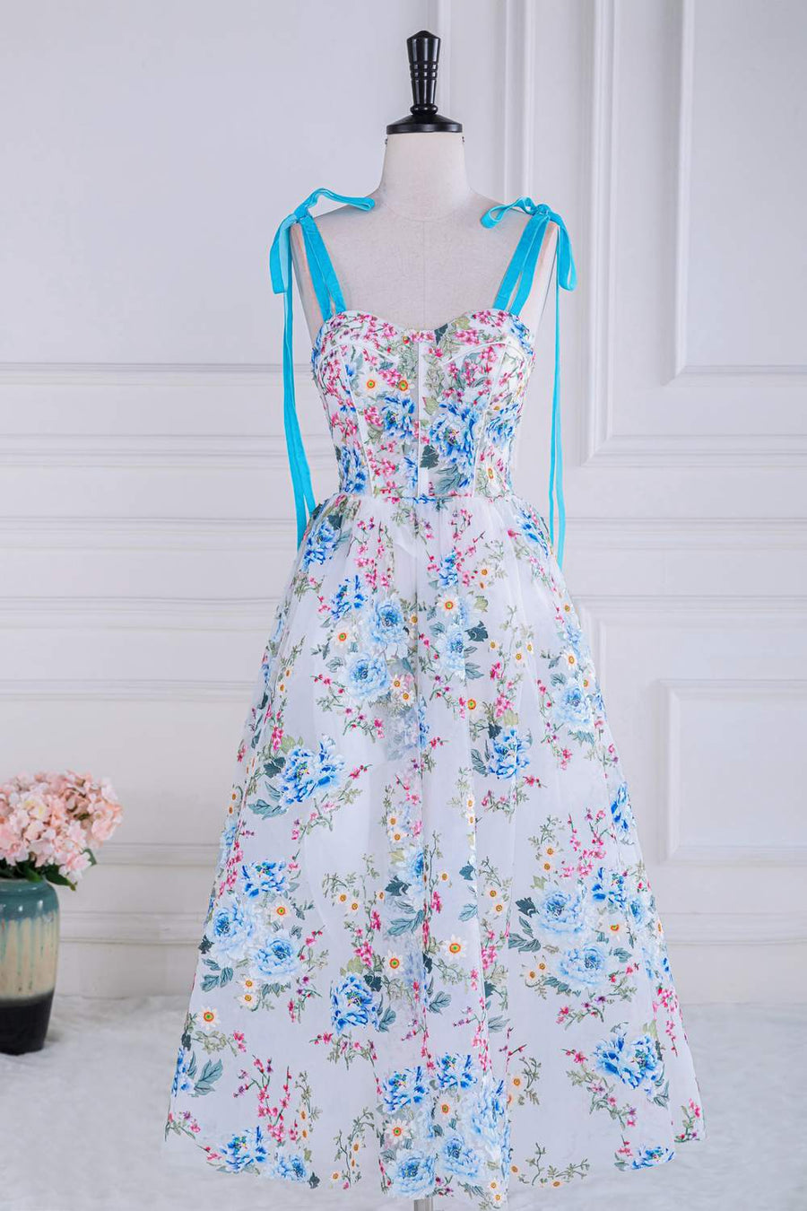 Blue and White Bow Tie Straps Floral Tea-Length Prom Dress Blue and White / US 14 Blue and White Bow Tie Straps Floral Tea-Length Prom Dress Blue and White / US 14