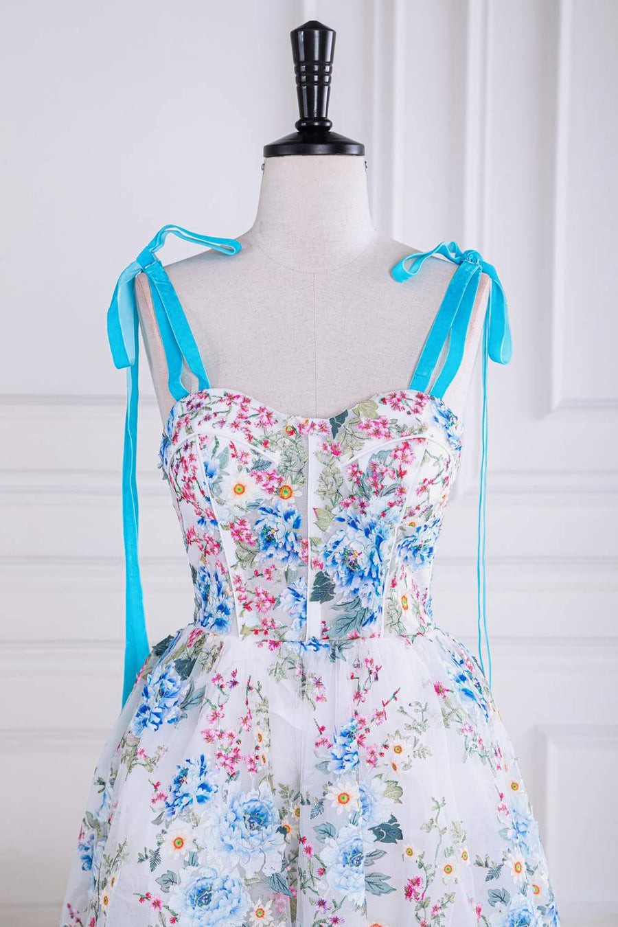 Blue and White Bow Tie Straps Floral Tea-Length Prom Dress