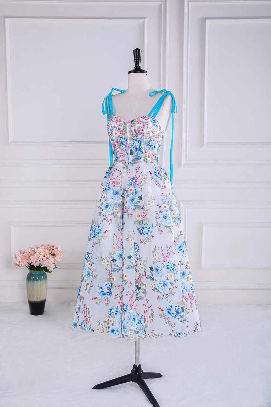 Blue and White Bow Tie Straps Floral Tea-Length Prom Dress Blue and White / US 14 Blue and White Bow Tie Straps Floral Tea-Length Prom Dress Blue and White / US 14