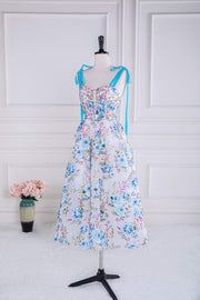 Blue and White Bow Tie Straps Floral Tea-Length Prom Dress