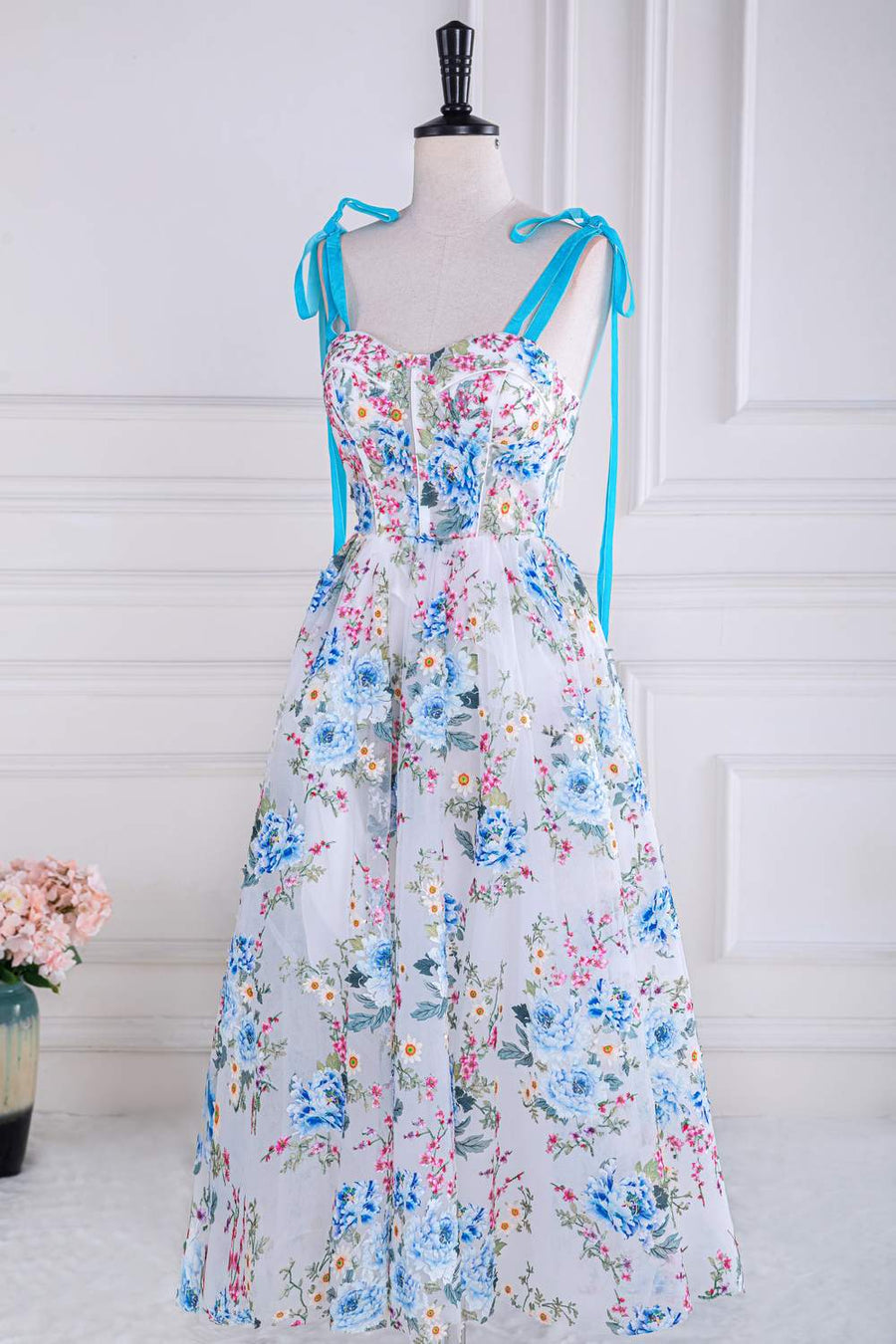 Blue and White Bow Tie Straps Floral Tea-Length Prom Dress Blue and White / US 14 Blue and White Bow Tie Straps Floral Tea-Length Prom Dress Blue and White / US 14