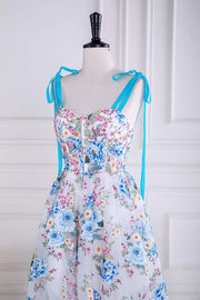 Blue and White Bow Tie Straps Floral Tea-Length Prom Dress