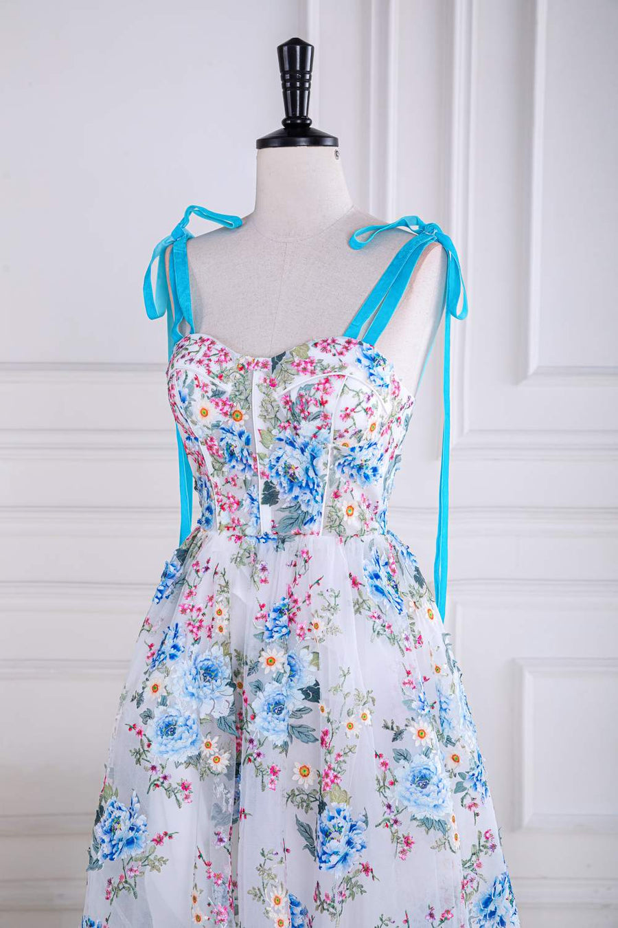 Blue and White Bow Tie Straps Floral Tea-Length Prom Dress | Joyofdress Blue and White Bow Tie Straps Floral Tea-Length Prom Dress | Joyofdress