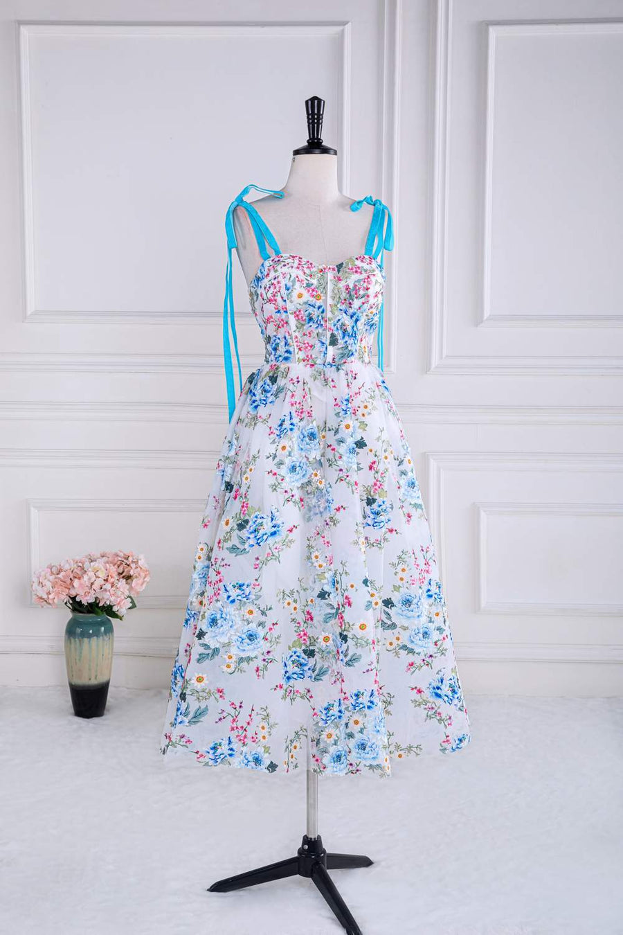 Blue and White Bow Tie Straps Floral Tea-Length Prom Dress Blue and White / US 14 Blue and White Bow Tie Straps Floral Tea-Length Prom Dress Blue and White / US 14