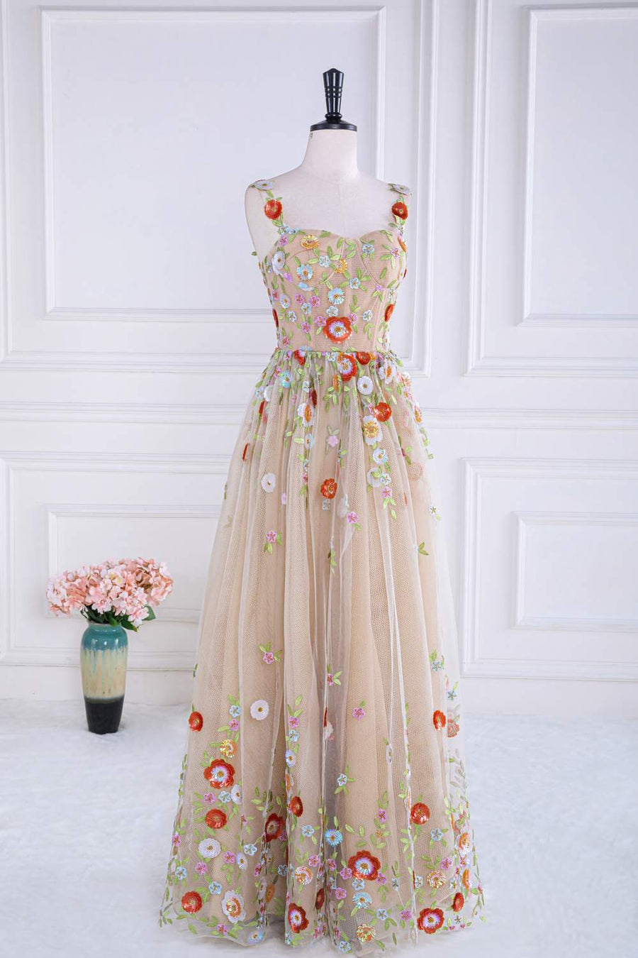 Dusty Pink Sequined Floral A-line Tulle Long Prom Dress