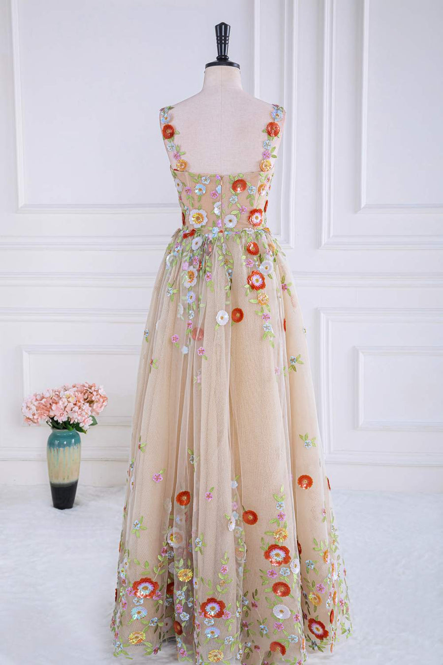 Dusty Pink Sequined Floral A-line Tulle Long Prom Dress