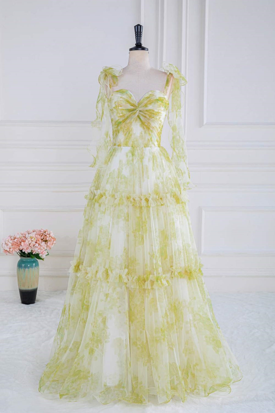 Light Yellow Bow Tie Straps Twisted Knot Ruffled Floral Long Prom Dress Light Yellow / US 8