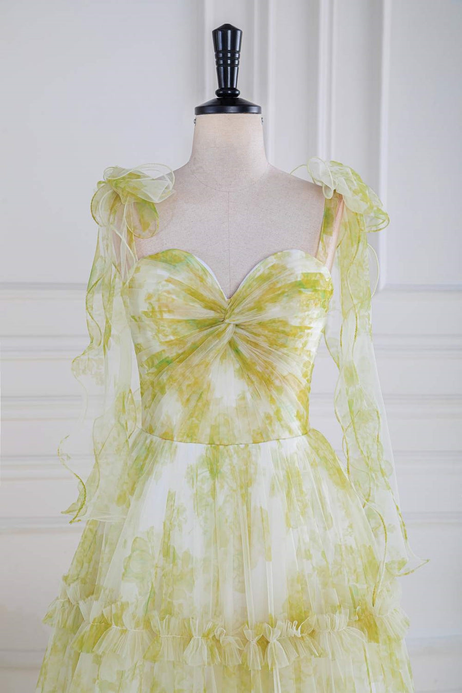 Light Yellow Bow Tie Straps Twisted Knot Ruffled Floral Long Prom Dres | Joyofdress Light Yellow Bow Tie Straps Twisted Knot Ruffled Floral Long Prom Dres | Joyofdress