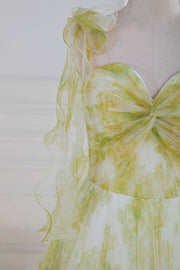 Light Green Bow Tie Straps Twisted Knot Ruffled Floral Long Prom Dress
