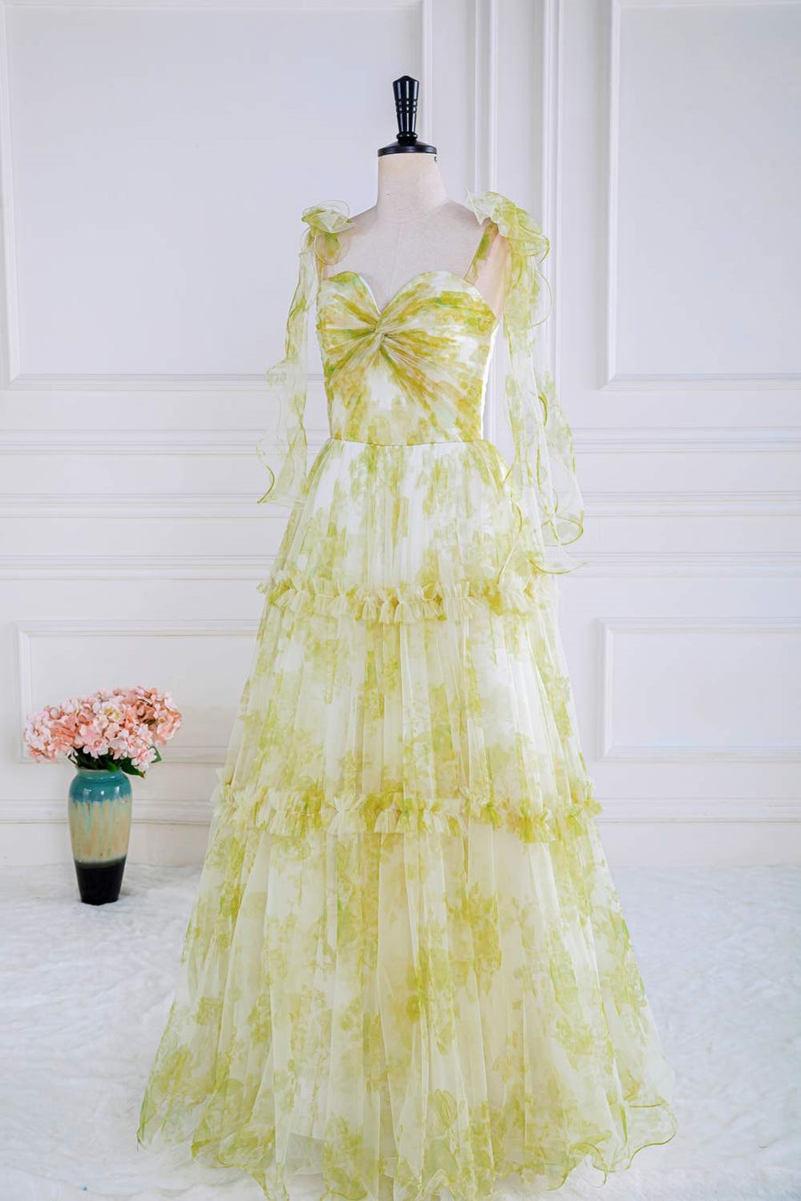 Light Yellow Bow Tie Straps Twisted Knot Ruffled Floral Long Prom Dress Light Yellow / US 8 Light Yellow Bow Tie Straps Twisted Knot Ruffled Floral Long Prom Dress Light Yellow / US 8