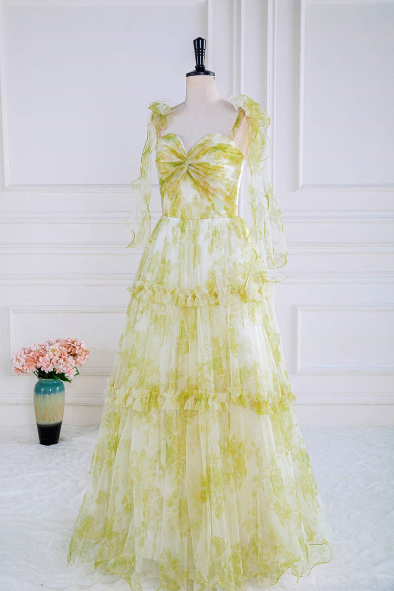 yellow bow dress Light Yellow Bow Tie Straps Twisted Knot Ruffled Floral Long Prom Dress Light Yellow / US 8