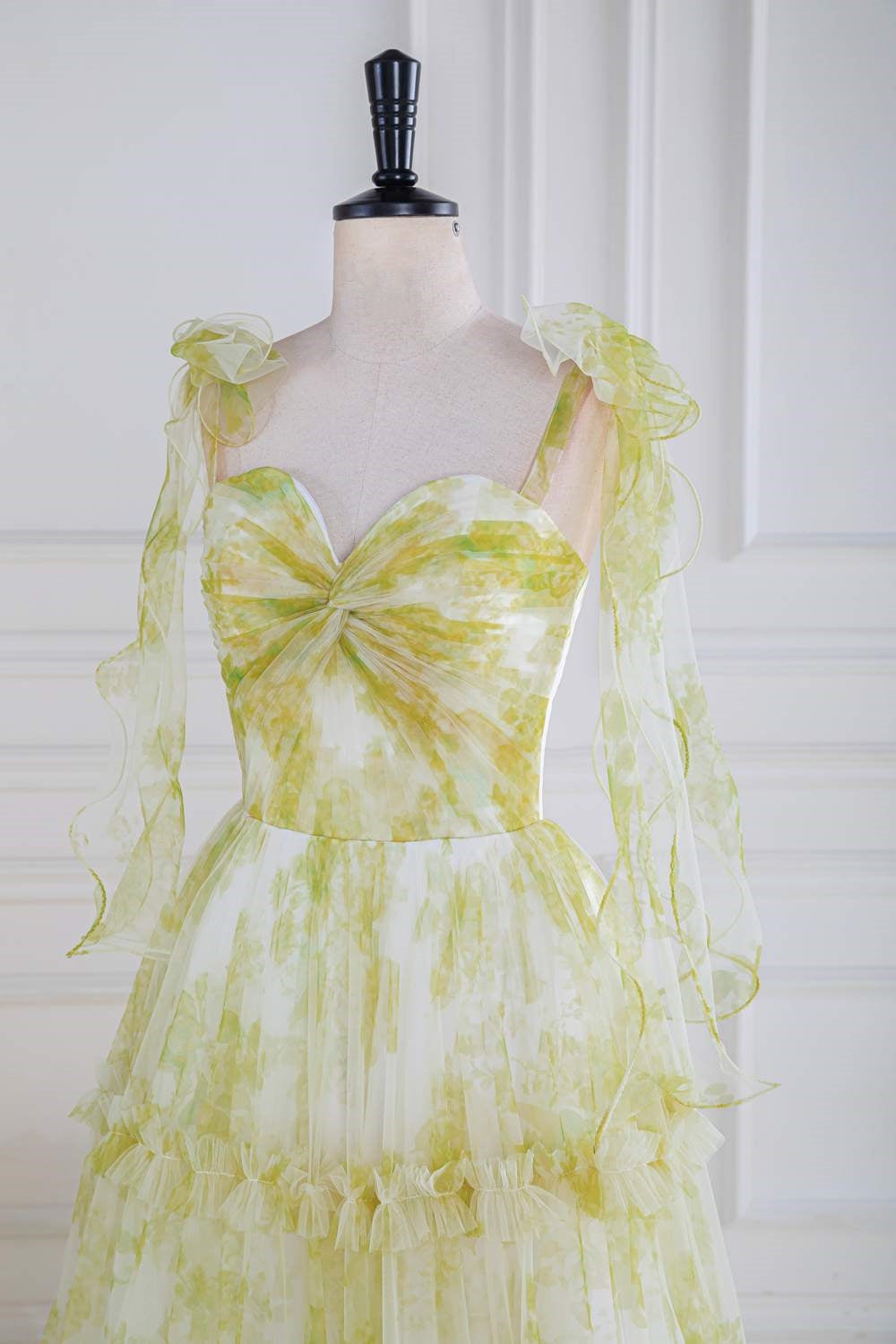 Light Yellow Bow Tie Straps Twisted Knot Ruffled Floral Long Prom Dress Light Yellow / US 8
