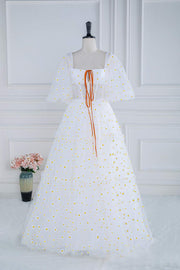 White Floral Embroideries Puff Sleeves Ruffled Long Prom Dress