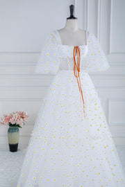 White Floral Embroideries Puff Sleeves Ruffled Long Prom Dress