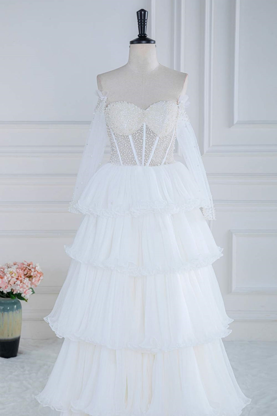White Off-Shoulder Pearl Beaded Layers Long Prom Dress Pink / US 16