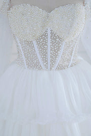 White Off-Shoulder Pearl Beaded Layers Long Prom Dress
