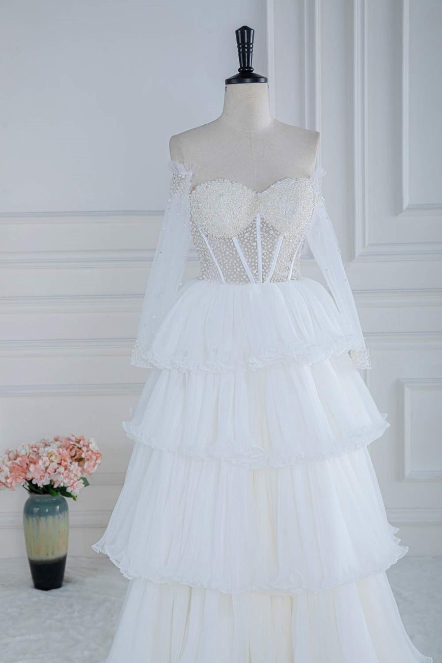 White Off-Shoulder Pearl Beaded Layers Long Prom Dress Pink / US 16