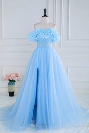 Light Blue Flowers Off-Shoulder A-line Long Prom Dress with Slit