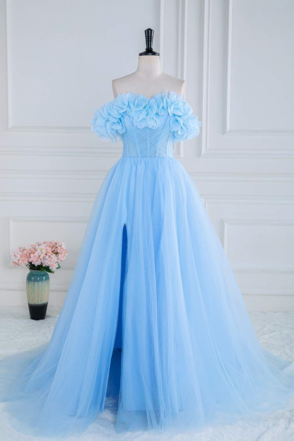 blue off shoulder prom dress Blue Ball Gown Prom Dress Blue Off the Shoulder Prom Dress with Side Slit